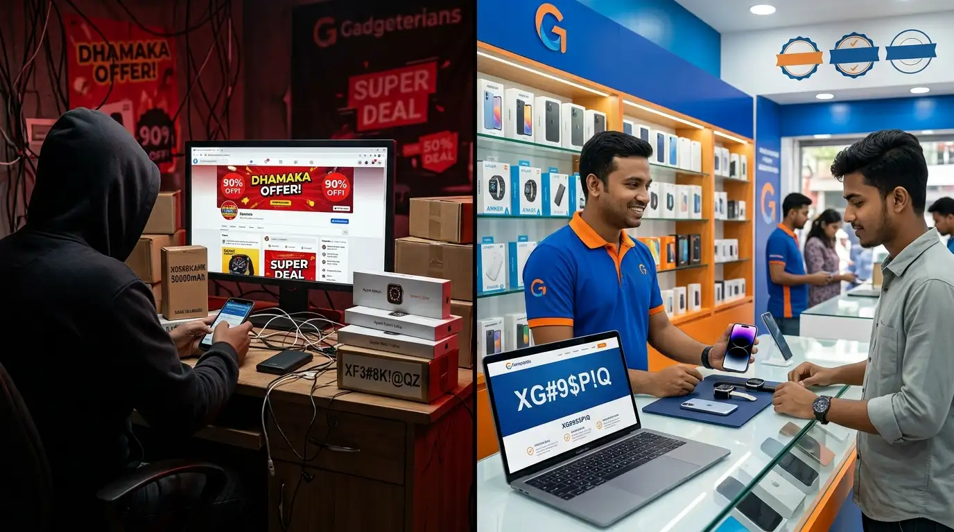 Comparison of Gadgeterians and Facebook gadget sellers in Bangladesh showing verified products, warranty support, and safe online gadget shopping.
