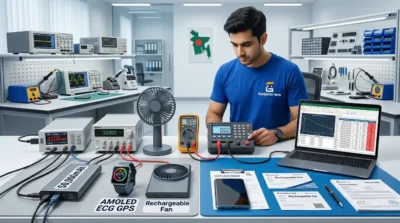 Gadgeterians engineer testing the real battery capacity and specifications of power banks, smartwatches, and rechargeable fans to identify fake gadget claims in Bangladesh.
