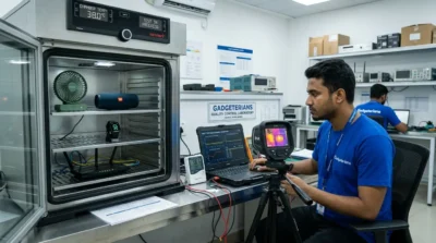Gadgeterians engineer performing heat performance testing on electronic gadgets in a temperature-controlled lab to simulate Bangladesh's hot summer conditions.