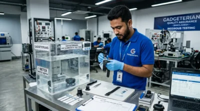 Gadgeterians engineer verifying the waterproof performance of an electronic device with a professional IP67 submersion test in a quality control laboratory.