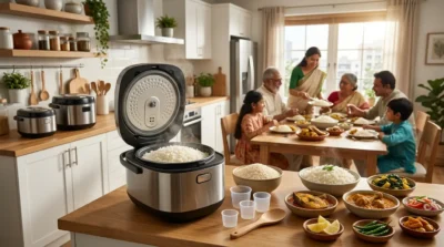 Steaming electric rice cooker with fluffy white rice in a sunny kitchen as a family enjoys a traditional meal.