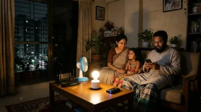 Bangladeshi family using a rechargeable fan, power bank, mini UPS, and rechargeable light during a summer load shedding power outage.