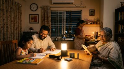 Rechargeable LED lamp lighting a Bangladeshi home during load shedding while a family reads, studies, and moves around safely.