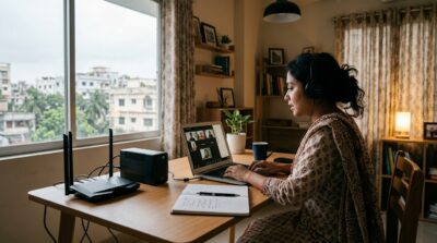 Mini UPS keeping a Wi-Fi router powered during a load shedding power outage while a freelancer works from home in Bangladesh.