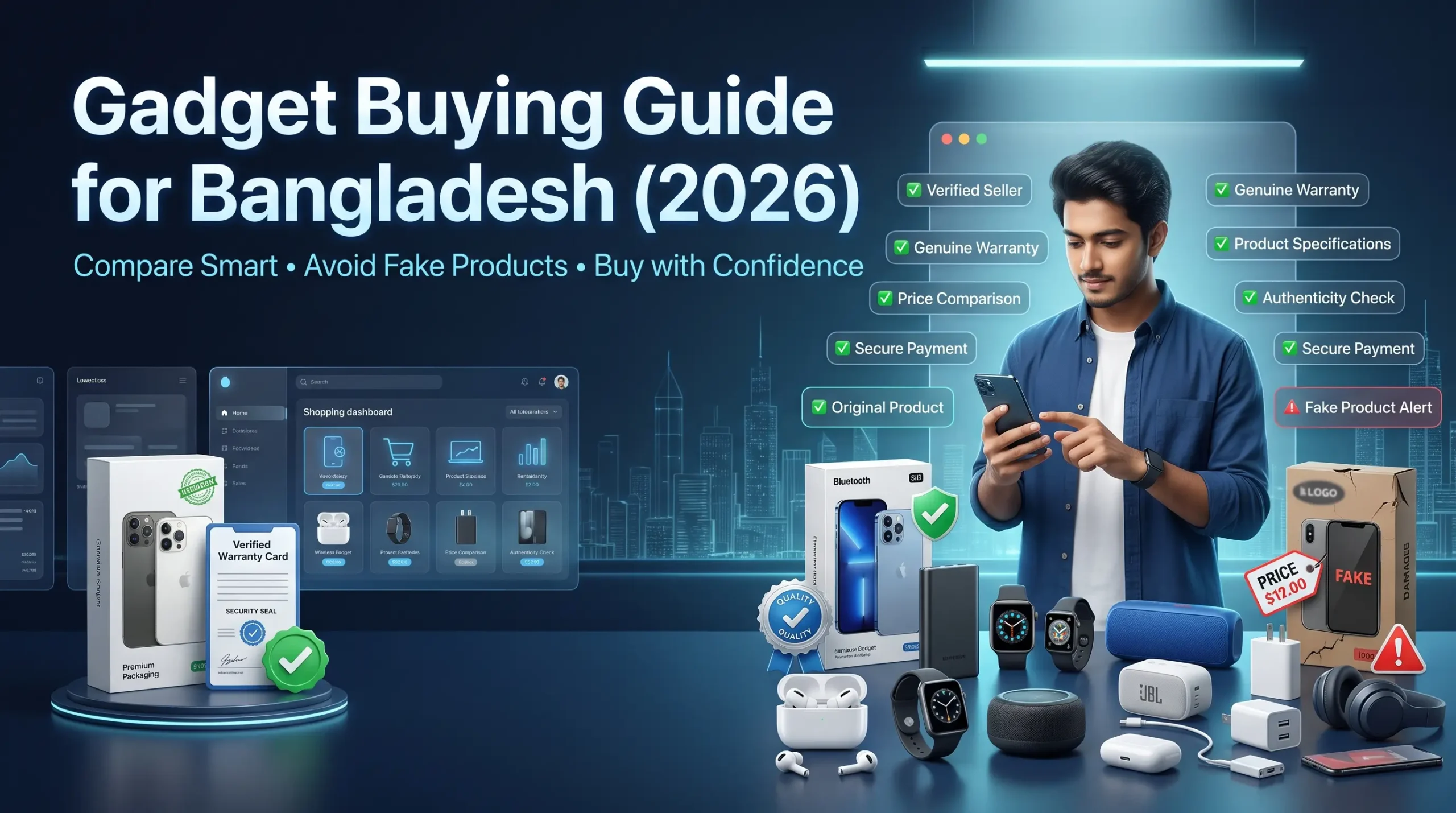 Gadget Buying Guide for Bangladesh 2026: Man comparing authentic electronics, smartphones, and avoiding fake products.