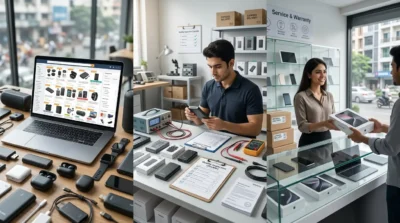 Online electronics store interface, quality control testing lab, and customer purchasing a tablet in-store.