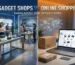 Comparison of online gadget shopping and physical gadget stores in Bangladesh featuring smart gadgets, shopping cart, delivery box, and electronics.