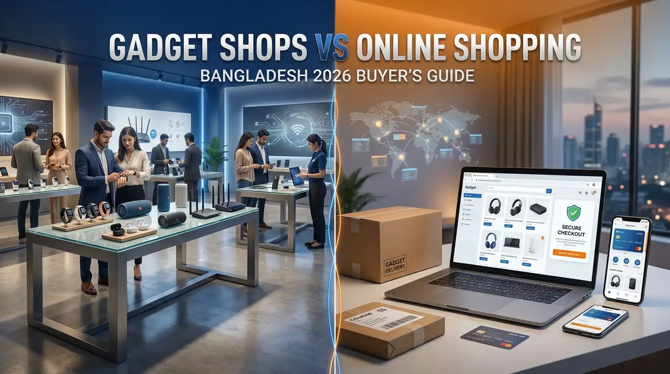 Comparison of online gadget shopping and physical gadget stores in Bangladesh featuring smart gadgets, shopping cart, delivery box, and electronics.