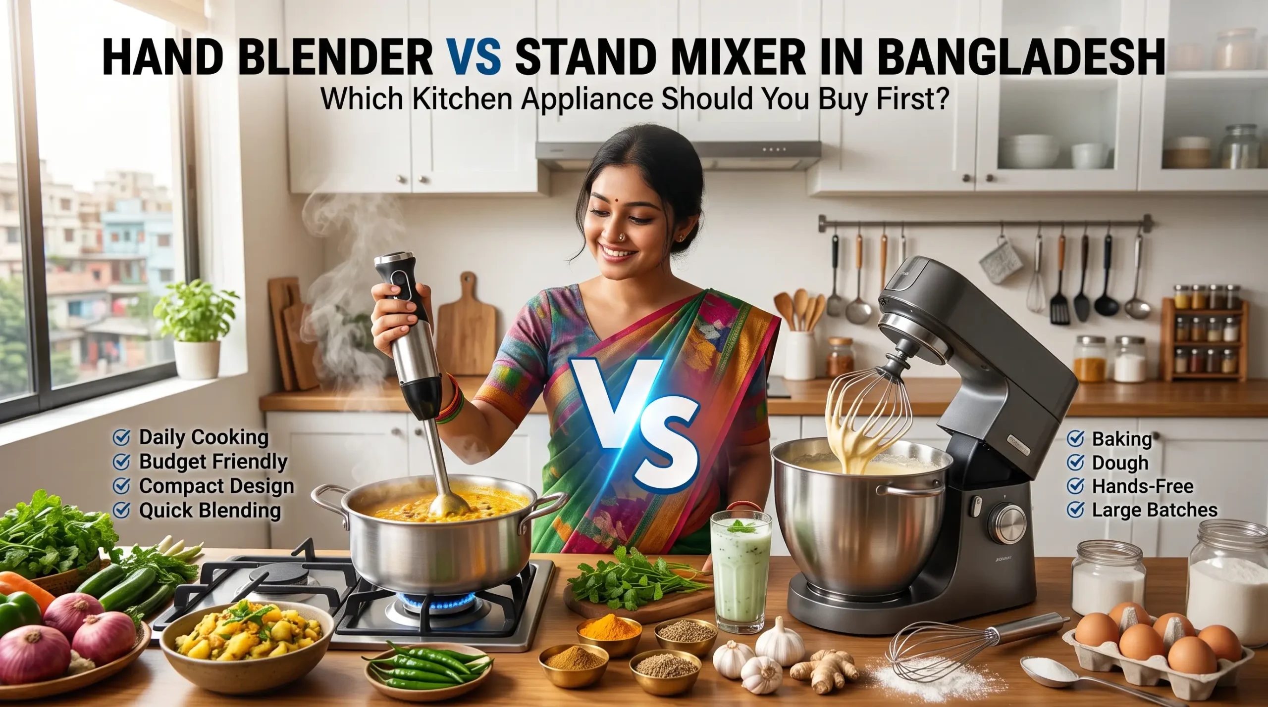 Woman comparing a hand blender for cooking and a stand mixer for baking in a modern kitchen in Bangladesh.