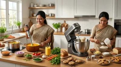 Woman in a sari using a hand immersion blender for soup and a stand mixer for dough in a bright, modern kitchen.