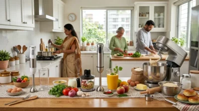 Family cooking with immersion blenders and a stand mixer among fresh produce in a bright, modern kitchen.