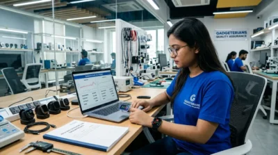 Gadgeterians technician comparing smartwatch heart rate readings with a certified pulse oximeter to evaluate health sensor accuracy.