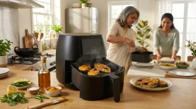 Black air fryer cooking crispy fish steaks in a bright kitchen with family preparing a healthy meal.