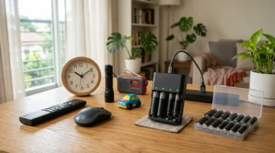 Rechargeable AA and AAA batteries charging beside everyday household devices in a Bangladeshi home for long-term power savings.