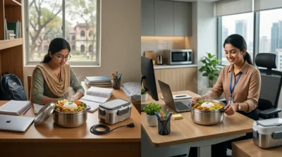 Split screen of women using portable electric heating lunch boxes for hot meals at a study desk and office workstation.