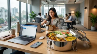 Healthy Indian meal in a multi-compartment stainless steel tiffin box on an office desk with a city skyline view.