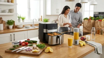 Couple cooking healthy meals in a modern kitchen with an air fryer, portable blender, and fresh vegetables.