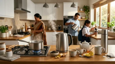 Steaming stainless steel electric kettle on a kitchen counter as a family prepares morning tea and breakfast.