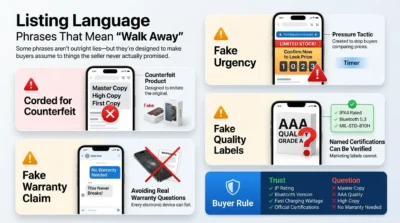 Infographic highlighting misleading product listing phrases, fake urgency tactics, and red flags for online shoppers.
