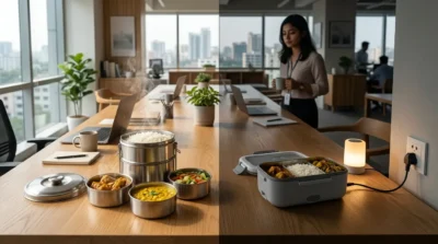 Comparison of a traditional tiered tiffin and an electric portable food warmer lunch box in a modern office.