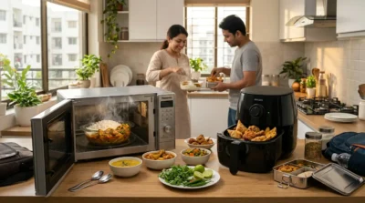 A couple cooking with a Panasonic microwave and Philips air fryer on a kitchen counter with steaming hot food.