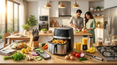 Stainless steel air fryer with roasted food on a kitchen counter with fresh vegetables and a couple cooking.