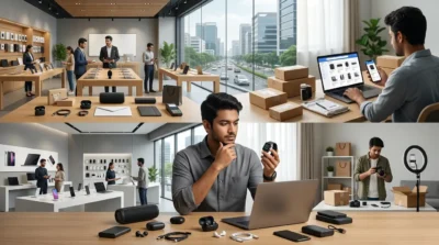 Collage of modern electronics retail store, online shopping, and gadget e-commerce business with laptops and smartwatches.
