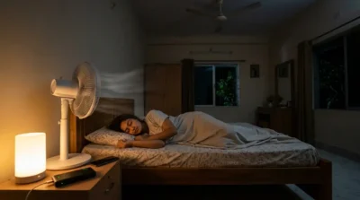 Rechargeable fan keeping a person cool during a summer load shedding night in a Bangladeshi bedroom.