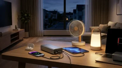 High-capacity power banks charging multiple devices beside a rechargeable fan and LED lantern in a modern home during a power outage.