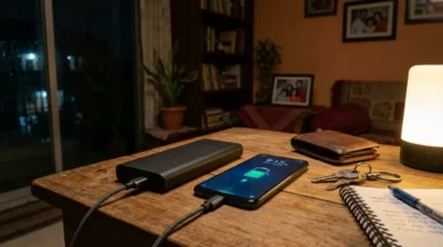 Premium power bank charging a smartphone during a load shedding power outage in a Bangladeshi home.