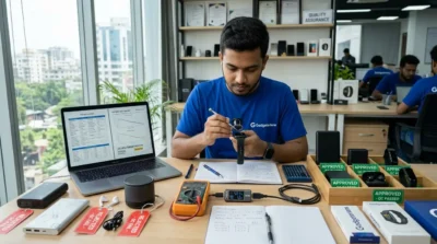 Gadgeterians product tester inspecting electronic gadgets in a quality control workspace before approving products for customers in Bangladesh.