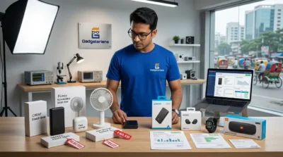 Gadgeterians product specialist inspecting and verifying electronic gadgets in a professional testing studio before recommending them to customers in Bangladesh.