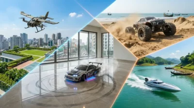 Comparison of RC drift cars, RC drone planes, RC off-road cars, and RC boats for different play environments in Bangladesh.