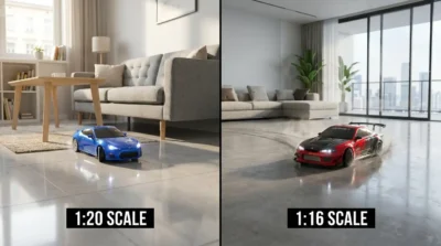 Side-by-side comparison of 1:20 and 1:16 RC drift cars showing their size differences and ideal indoor play spaces in a modern apartment.