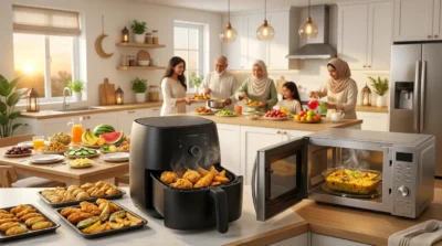 Family preparing a festive meal with an air fryer and microwave oven in a modern kitchen with various dishes.