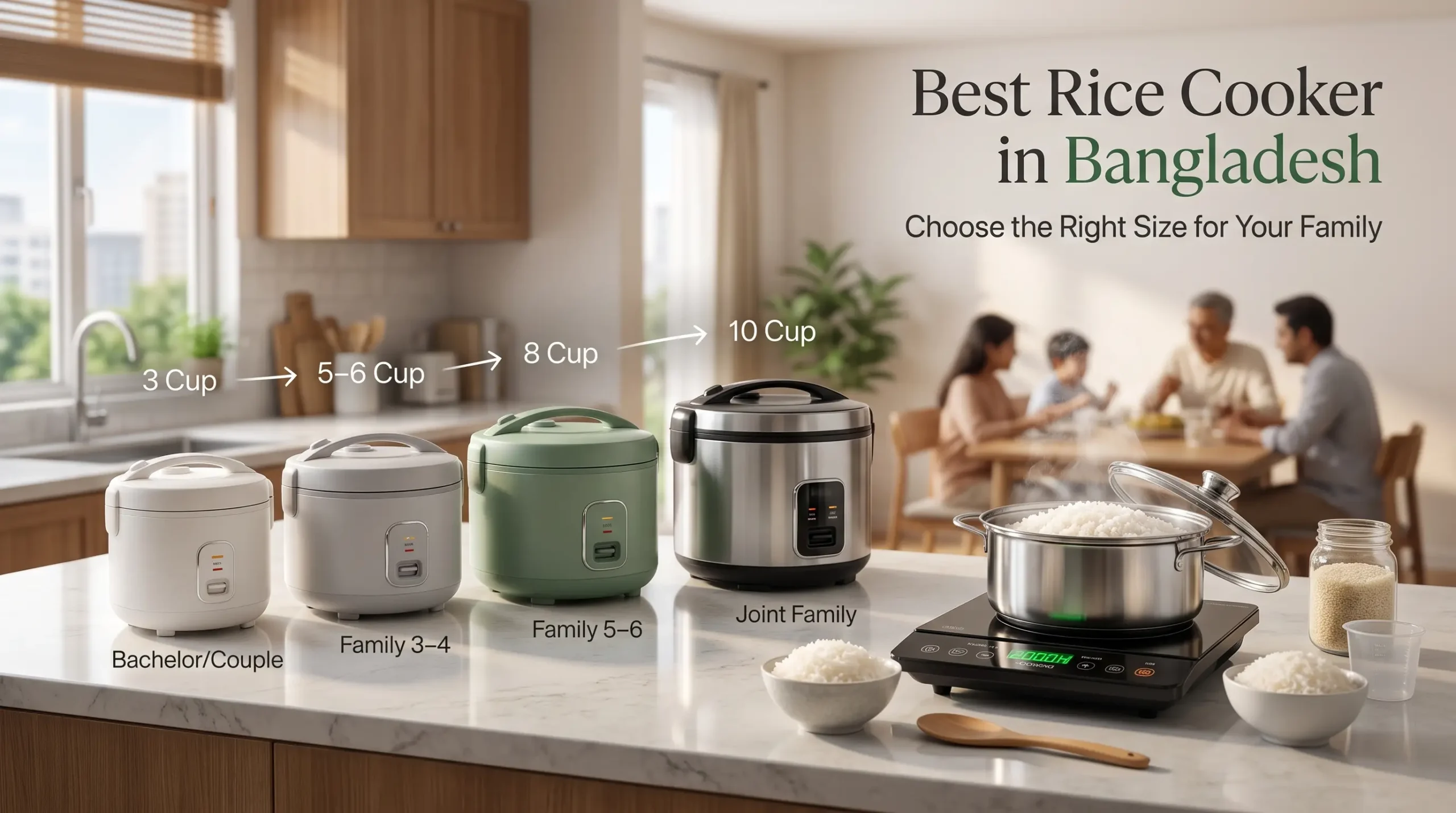 Comparison of rice cooker sizes in Bangladesh, from 3 to 10-cup models for bachelors and large families.