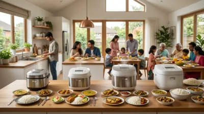 Modern rice cookers on a kitchen counter with diverse meals and a large family dining in a bright, open-plan home.