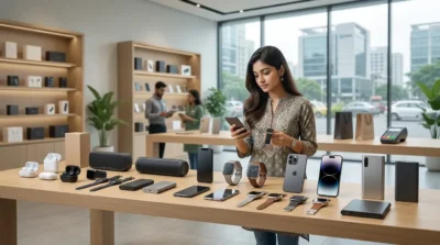 Woman browsing smartphones, smartwatches, and electronics on display at a modern tech store.