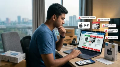Man identifies red flags for fake electronics like 'Master Copy' while shopping for wireless earbuds online.