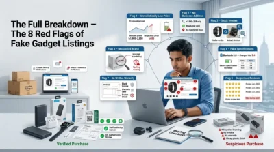 A man uses a laptop to identify 8 red flags of fake gadget listings, contrasting verified vs suspicious tech purchases.