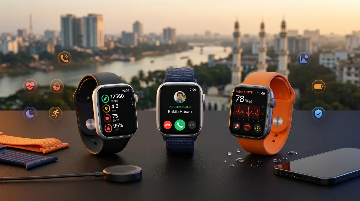 Three affordable smartwatches with AMOLED display, Bluetooth calling, fitness tracking, and IP68 waterproof features showcased for the best budget smartwatch buying guide in Bangladesh.