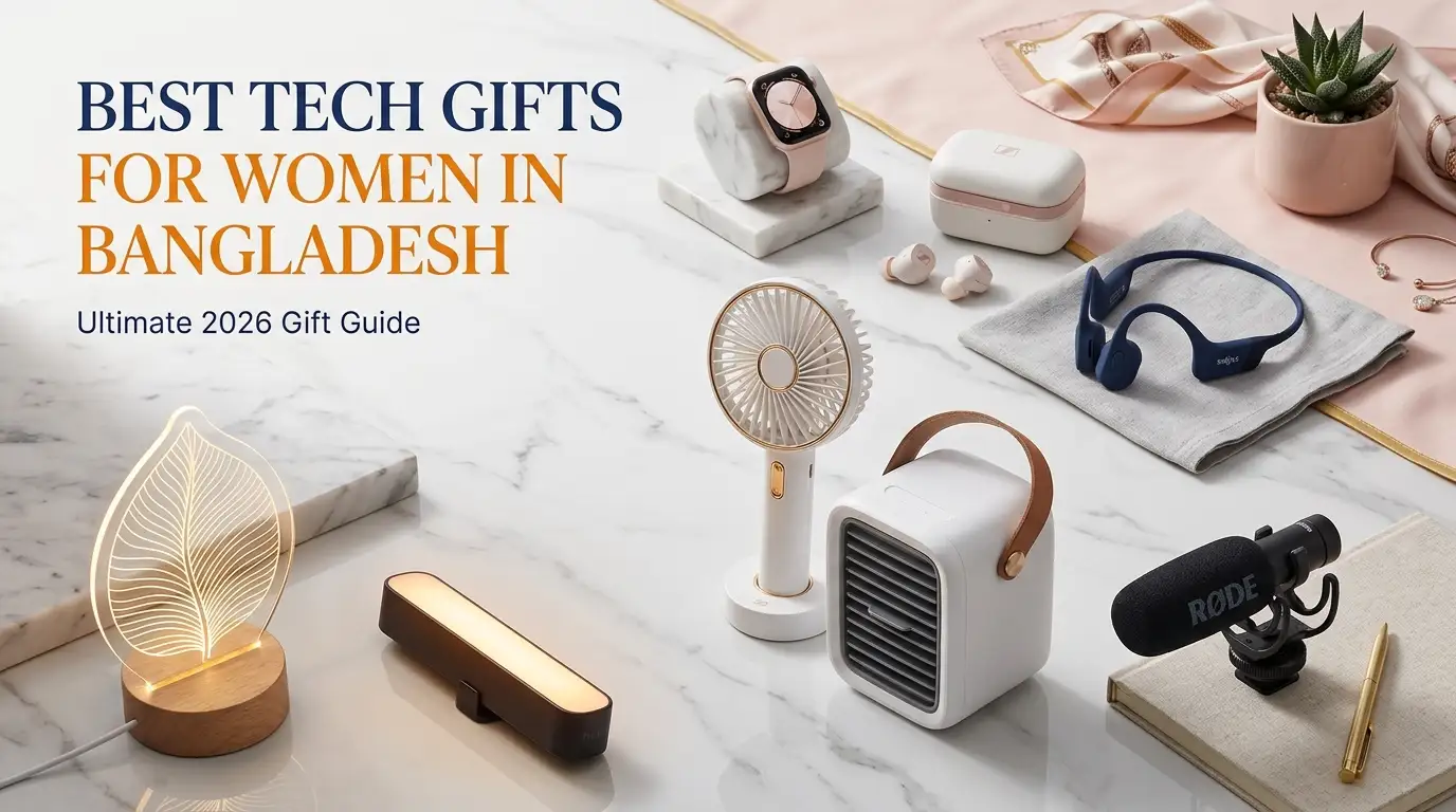 Premium collection of tech gifts for women featuring smartwatches, wireless headphones, rechargeable fan, mini air cooler, decorative lighting, and creator accessories.