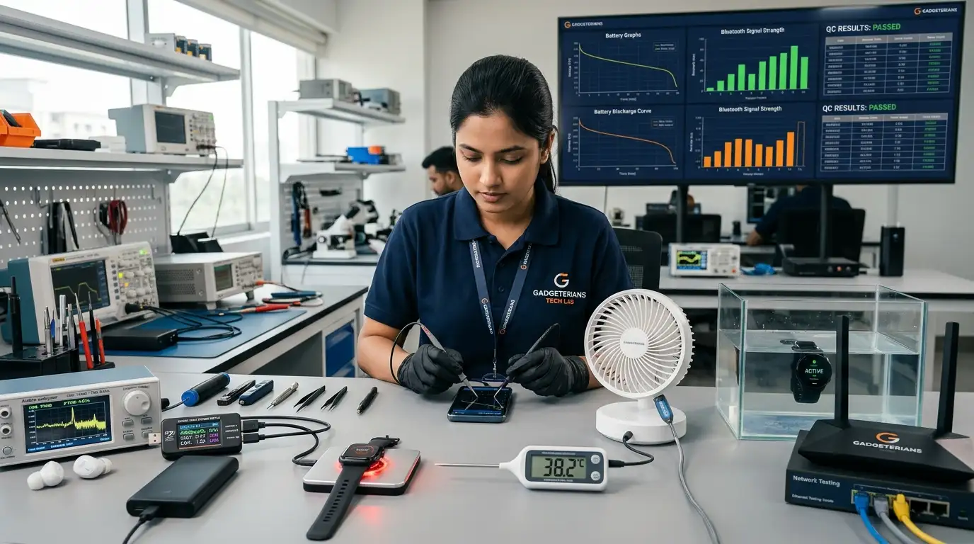 Gadgeterians technician testing power banks, smartwatches, Bluetooth devices, Wi-Fi routers, and rechargeable gadgets in a professional quality control lab before selling them in Bangladesh.