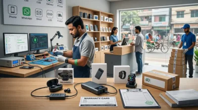 Electronics repair shop technician fixing a smartphone near gadgets like power banks, earbuds, and smartwatches.