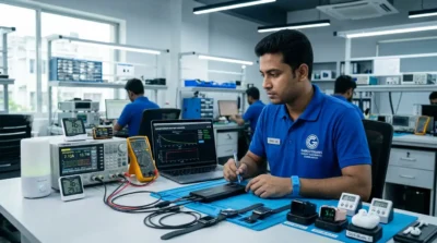 Gadgeterians technician performing professional battery capacity testing on electronic gadgets using a USB power meter and electronic load tester in a quality control lab.
