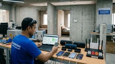 Gadgeterians technician testing Bluetooth range, Wi-Fi performance, and compatibility with Bangladesh mobile networks in a professional quality assurance lab.