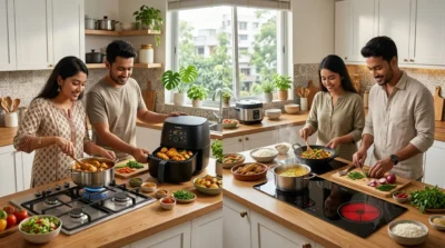 A couple preparing healthy food in a bright, modern kitchen using an air fryer, gas stove, and induction cooktop.