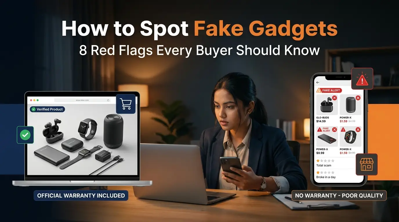 A shopper comparing genuine and fake gadgets online in Bangladesh using a smartphone and laptop while checking product listings and reviews.