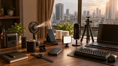 Modern home workspace featuring smart gadgets including a smartwatch, earbuds, power bank, Wi-Fi router, microphone, and portable fan for everyday use.