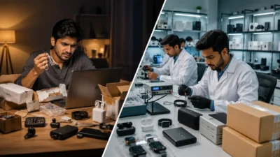 Comparison of unverified gadget shopping with professional quality testing of consumer electronics before packaging and delivery.